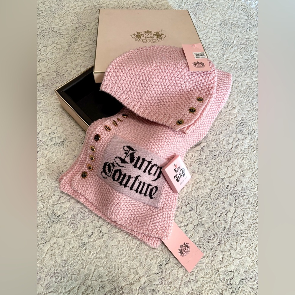 NWT RARE HTF Y2K Juicy Couture Vintage Pink 100% Merino Wool Scarf Hat Set